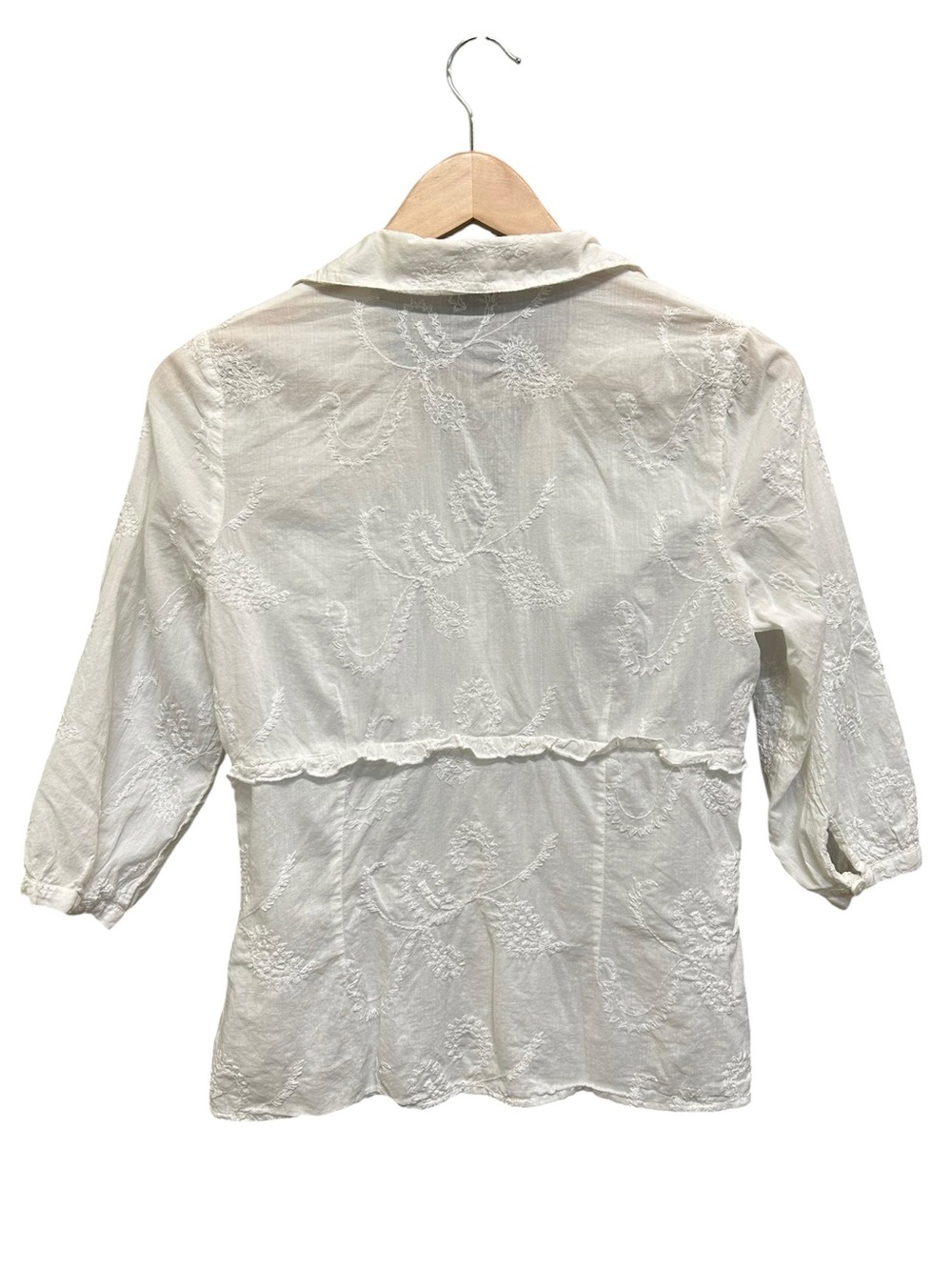 Bum Equipment Vintage Y2K White Cotton Embroidered Blouse Ruffled Shirt Sz S - Picture 3 of 6